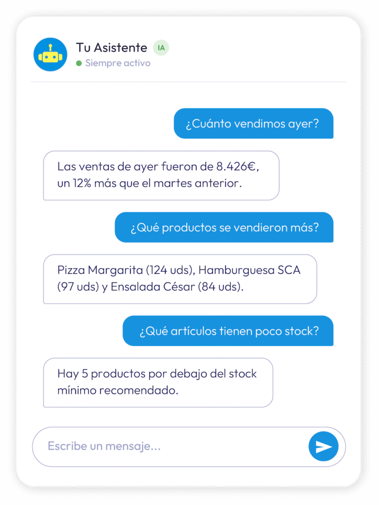 Interfaz del chatbot IA de SCA mostrando una consulta de ventas en tiempo real conectada al TPV.